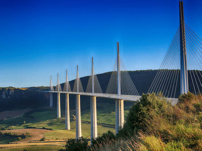 Millau, France - August 21, 2016: The Millau Viaduct Is The Tallest Bridge In The World with One Mast's Summit At 343 Metres Above The Base Of The Structure. Aveyron, Midi Pyrenees, France